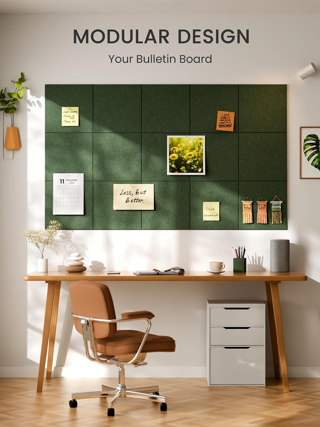 Large Felt Bulletin Board, 48" x 36" Cork Board Alternative, 12-Pack Solid Felt Wall Tiles with 30 Push Pins and 70 Adhesive Tabs, Ideal for Office, Home & Classroom, Moss Green