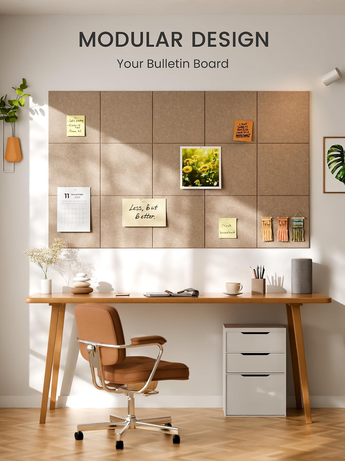 Large Felt Bulletin Board, 36" x 24" Cork Board Alternative, 6-Pack Solid Felt Wall Tiles with 30 Push Pins and 40 Adhesive Tabs, Ideal for Office, Home & Classroom, Taupe