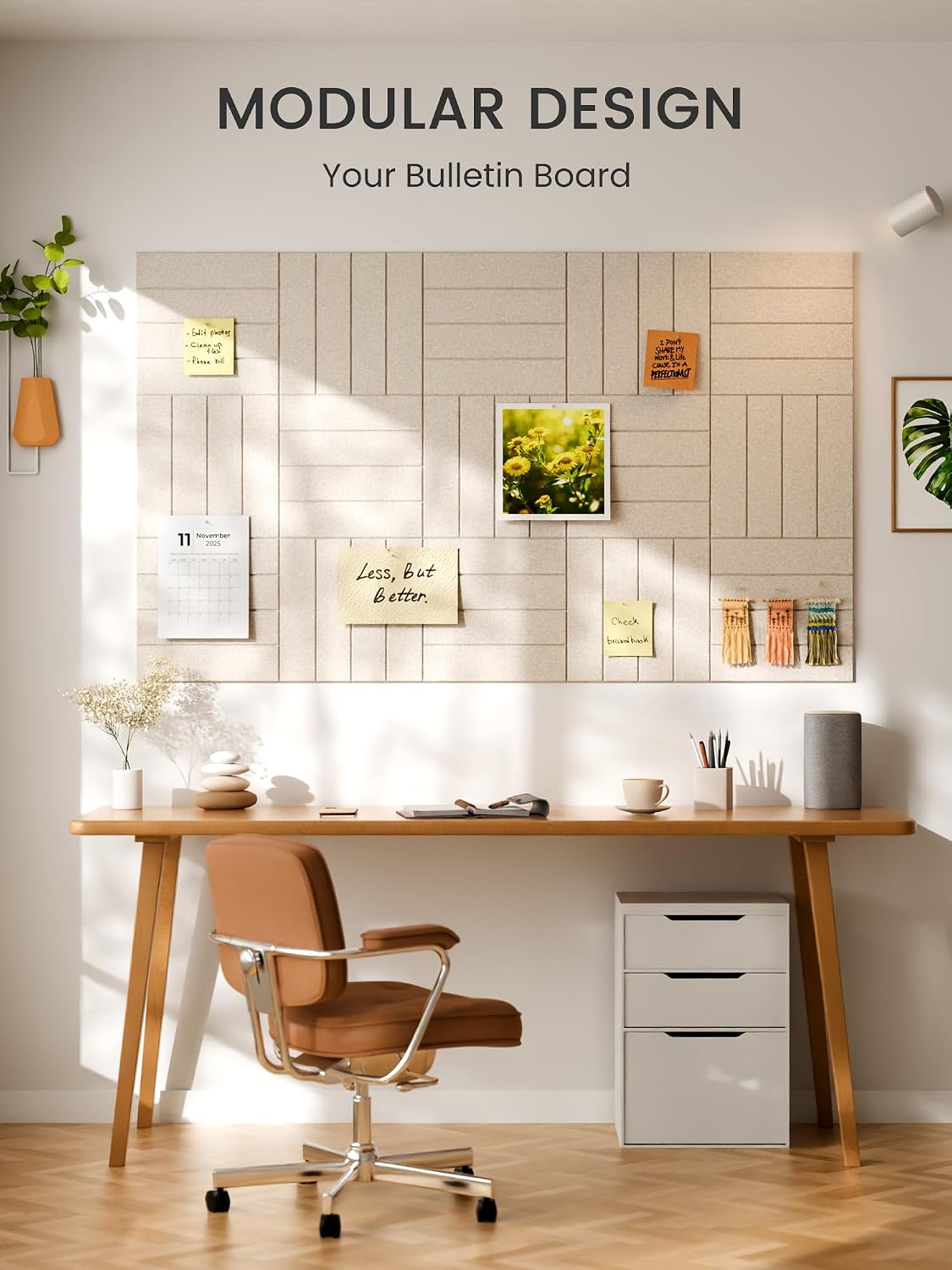 Large Felt Bulletin Board, 48" x 36" Cork Board Alternative, 12-Pack Bold Stripe Felt Wall Tiles with 30 Push Pins and 70 Adhesive Tabs, Ideal for Office, Home & Classroom, Oatmeal