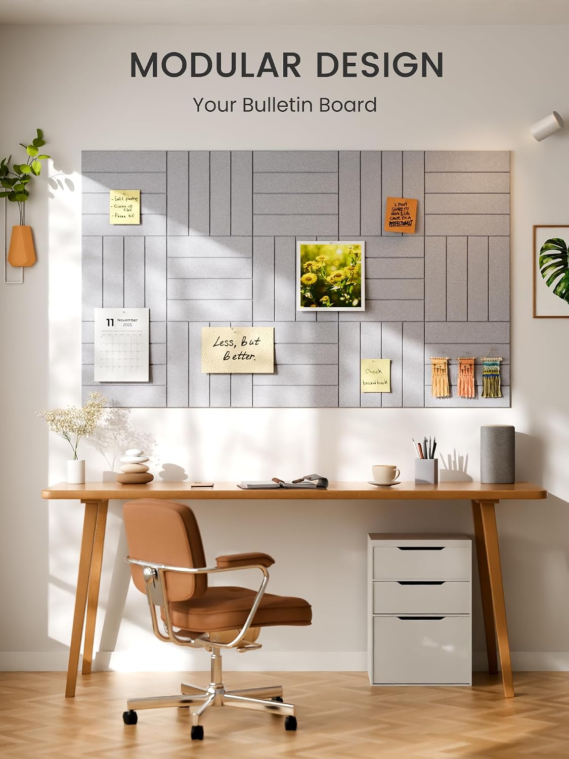 Large Felt Bulletin Board, 36" x 24" Cork Board Alternative, 6-Pack Bold Stripe Felt Wall Tiles with 30 Push Pins and 40 Adhesive Tabs, Ideal for Office, Home & Classroom, Soft Gray