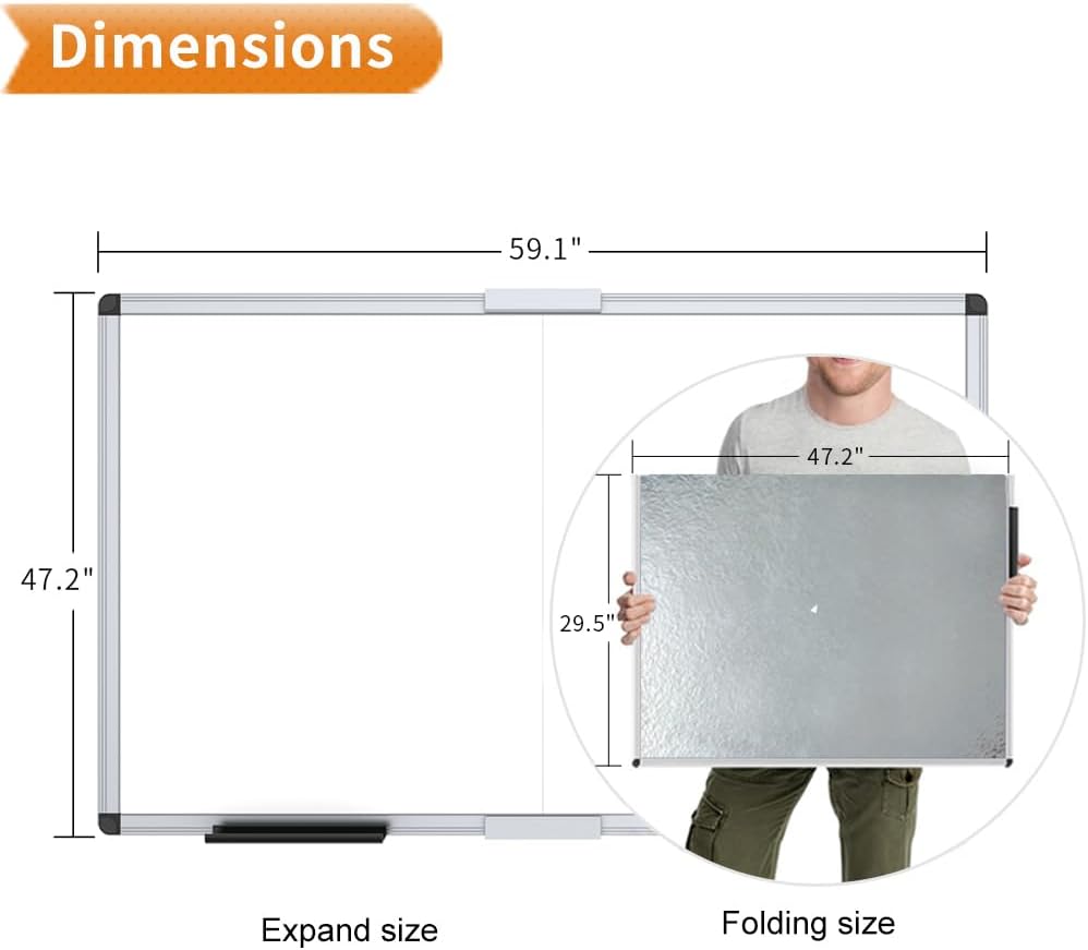 Magnetic Dry Erase Board/Foldable Whiteboard, 60 X 48 Inches | Silver Aluminum Frame, Wall-Mounted Board with Marker Tray for School Office and Home 5' X 4'