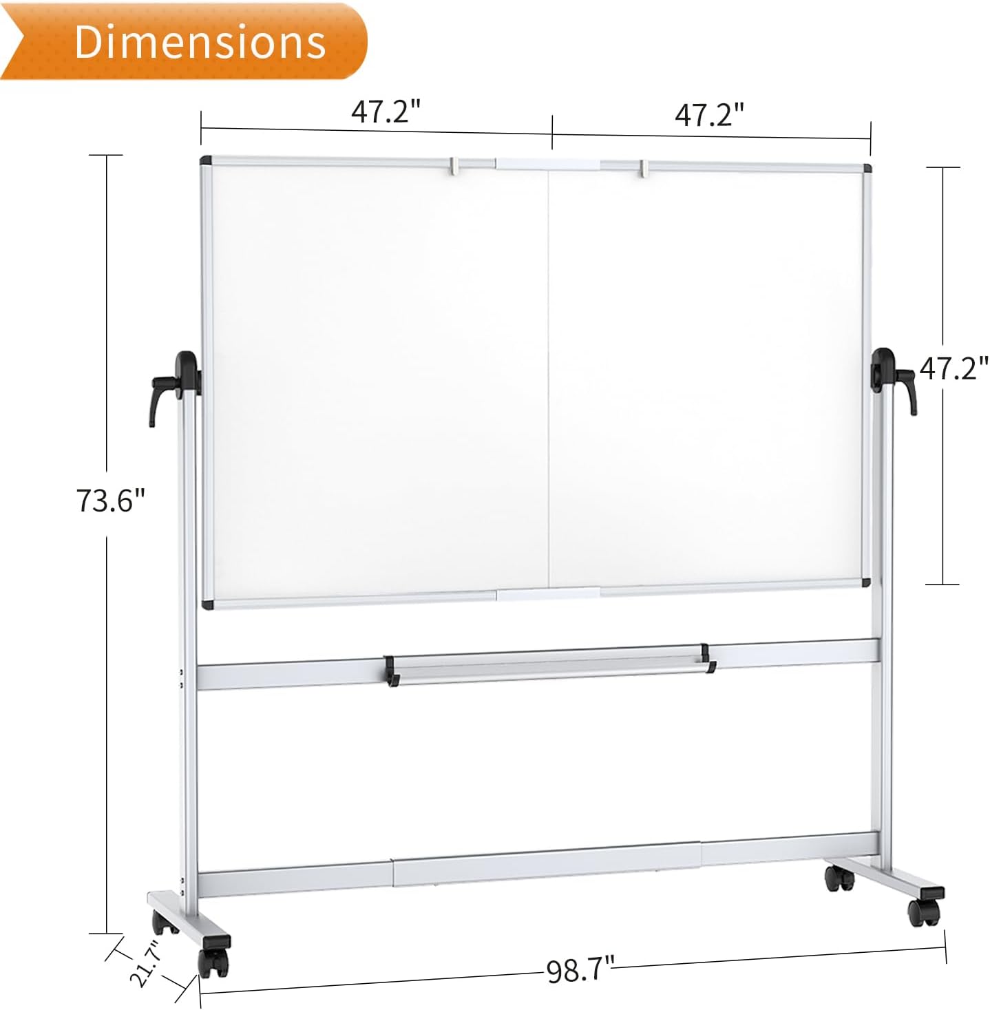 Double-Sided Mobile Whiteboard, 96 x 48 Inches, Magnetic Rolling Dry Erase White Board on Wheels with Aluminium Frame and Stand