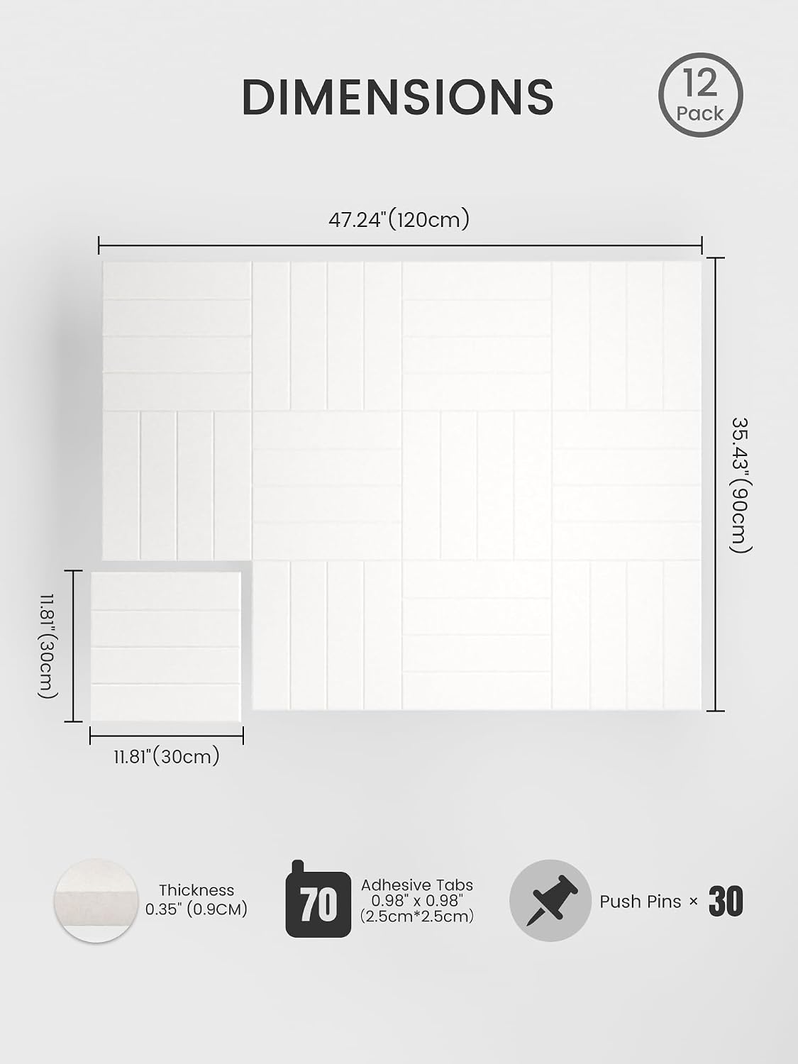 Large Felt Bulletin Board, Cork Board Alternative, Felt Wall Tiles with 30 Push Pins and Adhesive Tabs, Ideal for Office, Home & Classroom Decor, 12-Pack Bold Stripe-Milky White