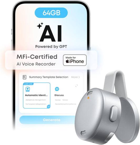 Work AI Voice Recorder by Anker,Wearable Note Taker for Meetings, Transcribe and Summarize (300 Mins/Mo Included, Optional App Upgrades), MFi Certified, 64 GB, 150+ Languages, USB-C Charging