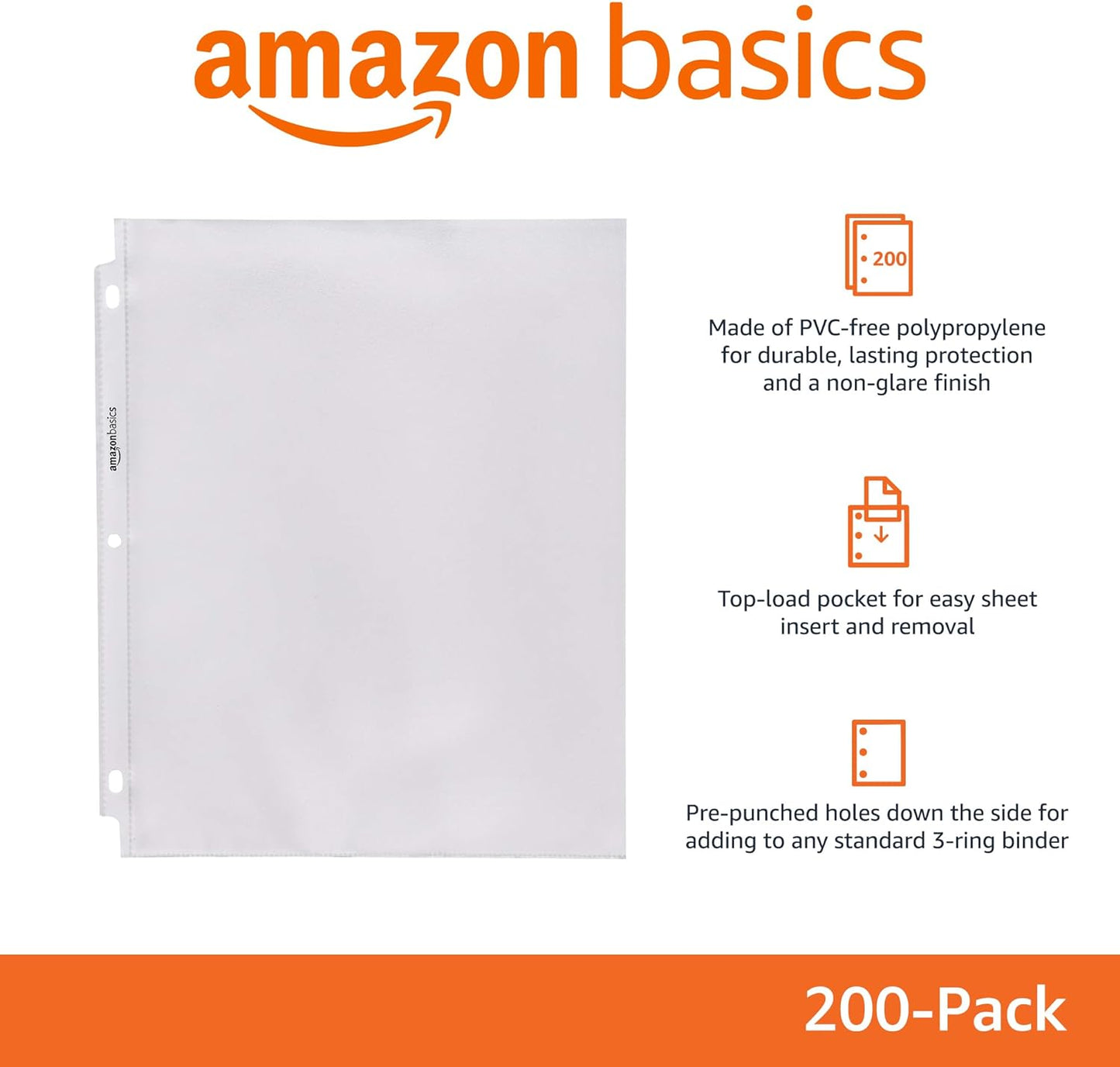 Basics Polypropylene (PP) Sheet Protector, Non-Glare, 200 Pack, Clear