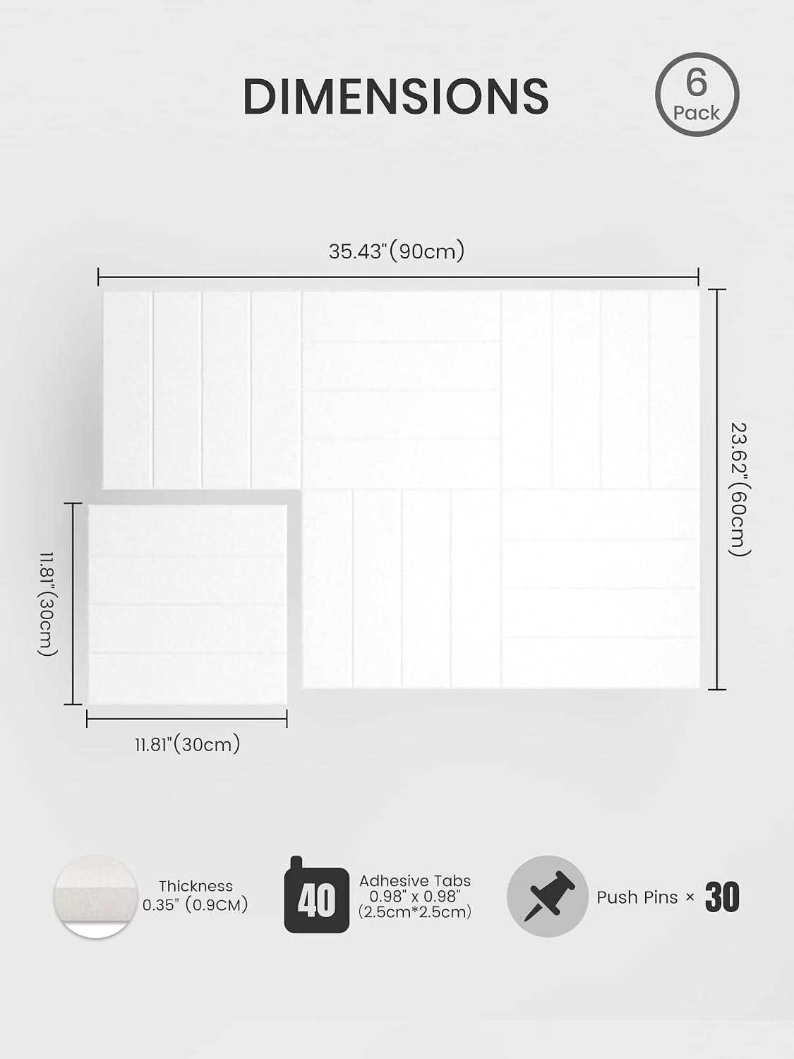 Large Felt Bulletin Board, 36" x 24" Cork Board Alternative, 6-Pack Bold Stripe Felt Wall Tiles with 30 Push Pins and 40 Adhesive Tabs, Ideal for Office, Home & Classroom, Milky White