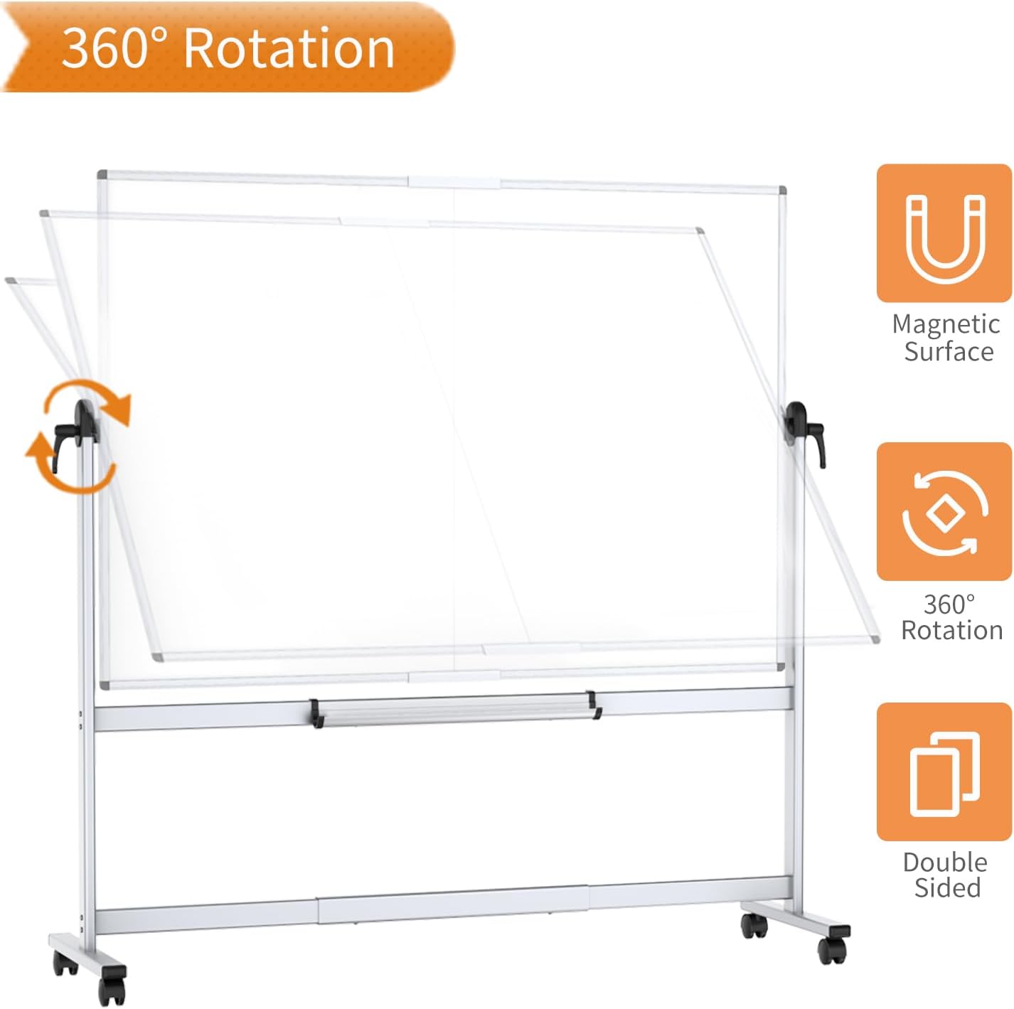 Double-Sided Mobile Whiteboard, 96 x 48 Inches, Magnetic Rolling Dry Erase White Board on Wheels with Aluminium Frame and Stand