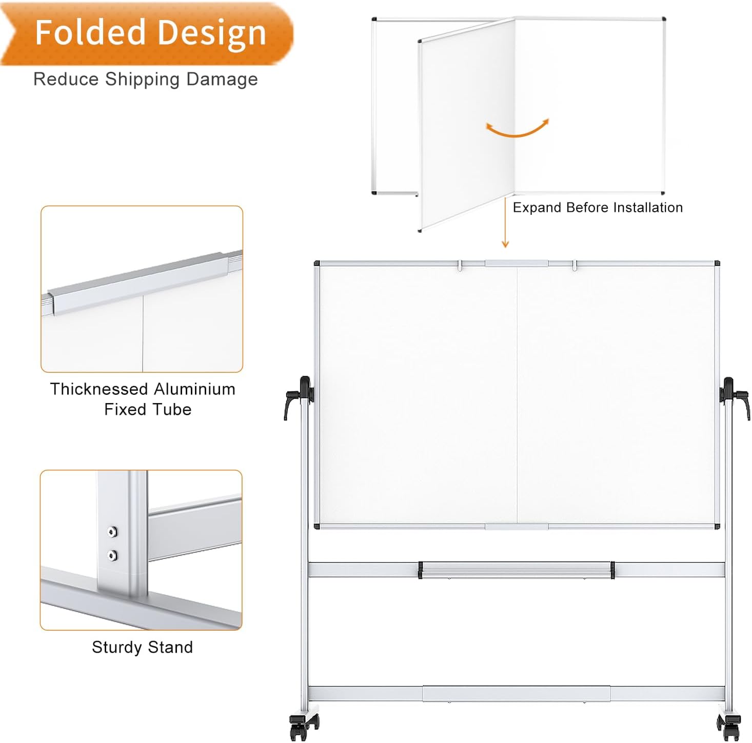 Double-Sided Mobile Whiteboard, 96 x 48 Inches, Magnetic Rolling Dry Erase White Board on Wheels with Aluminium Frame and Stand