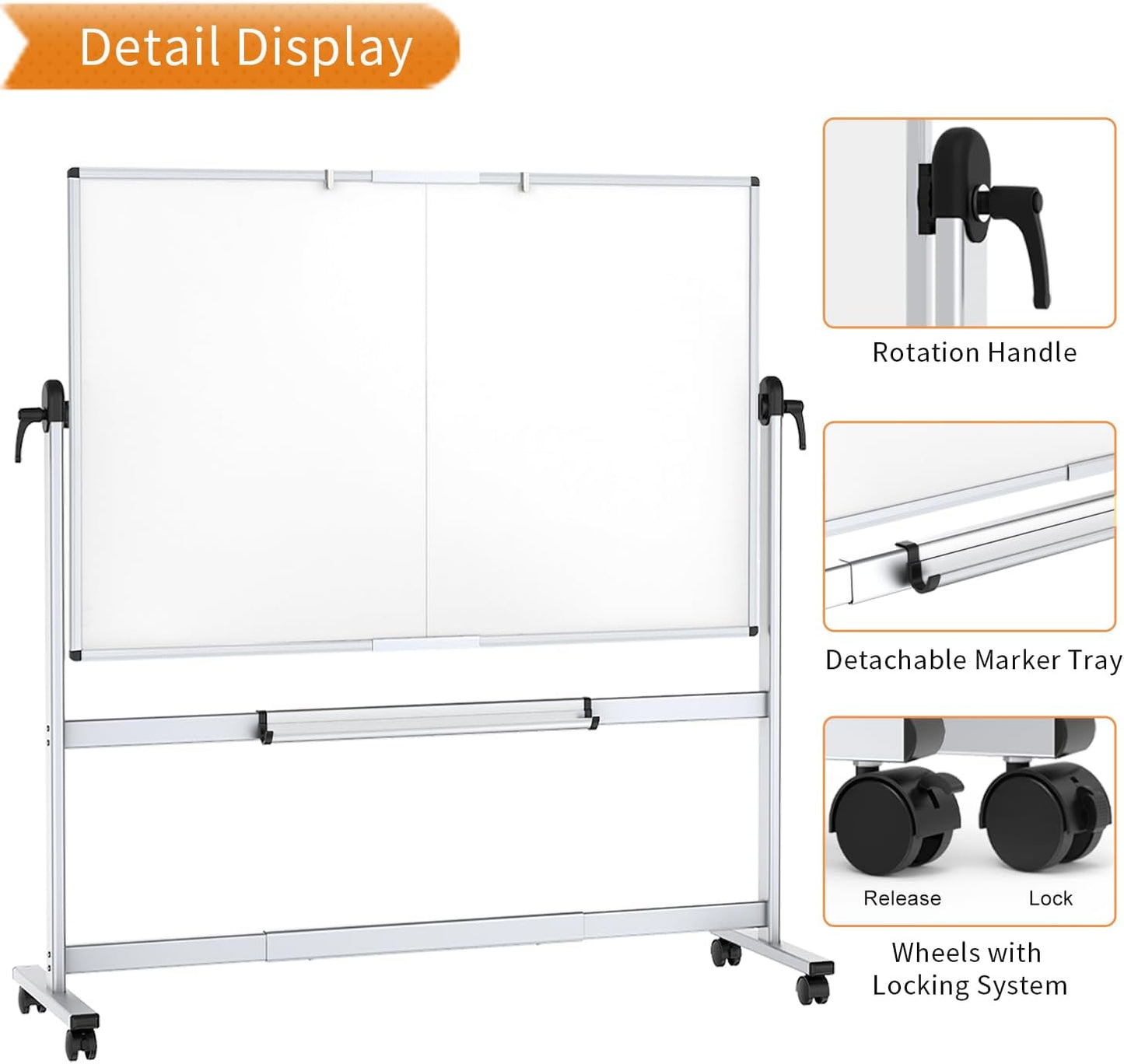 Double-Sided Mobile Whiteboard, 96 x 48 Inches, Magnetic Rolling Dry Erase White Board on Wheels with Aluminium Frame and Stand
