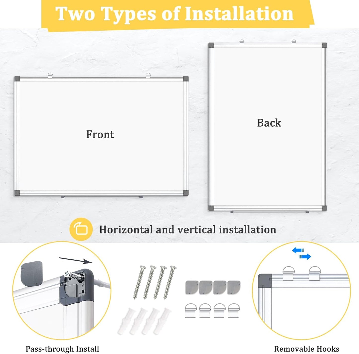 Double-Sided Magnetic Aluminum Frame Whiteboard, 48" x 36" | White Board for Wall, Hanging Mounting White Board Dry Erase Board Marker Board for Kitchen, Memo, School, Home, Office