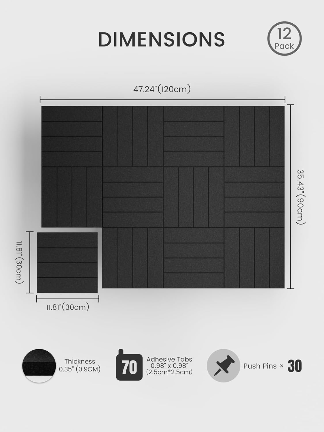 Large Felt Bulletin Board, 48" x 36" Cork Board Alternative, 12-Pack Bold Stripe Felt Wall Tiles with 30 Push Pins and 70 Adhesive Tabs, Ideal for Office, Home & Classroom, Black