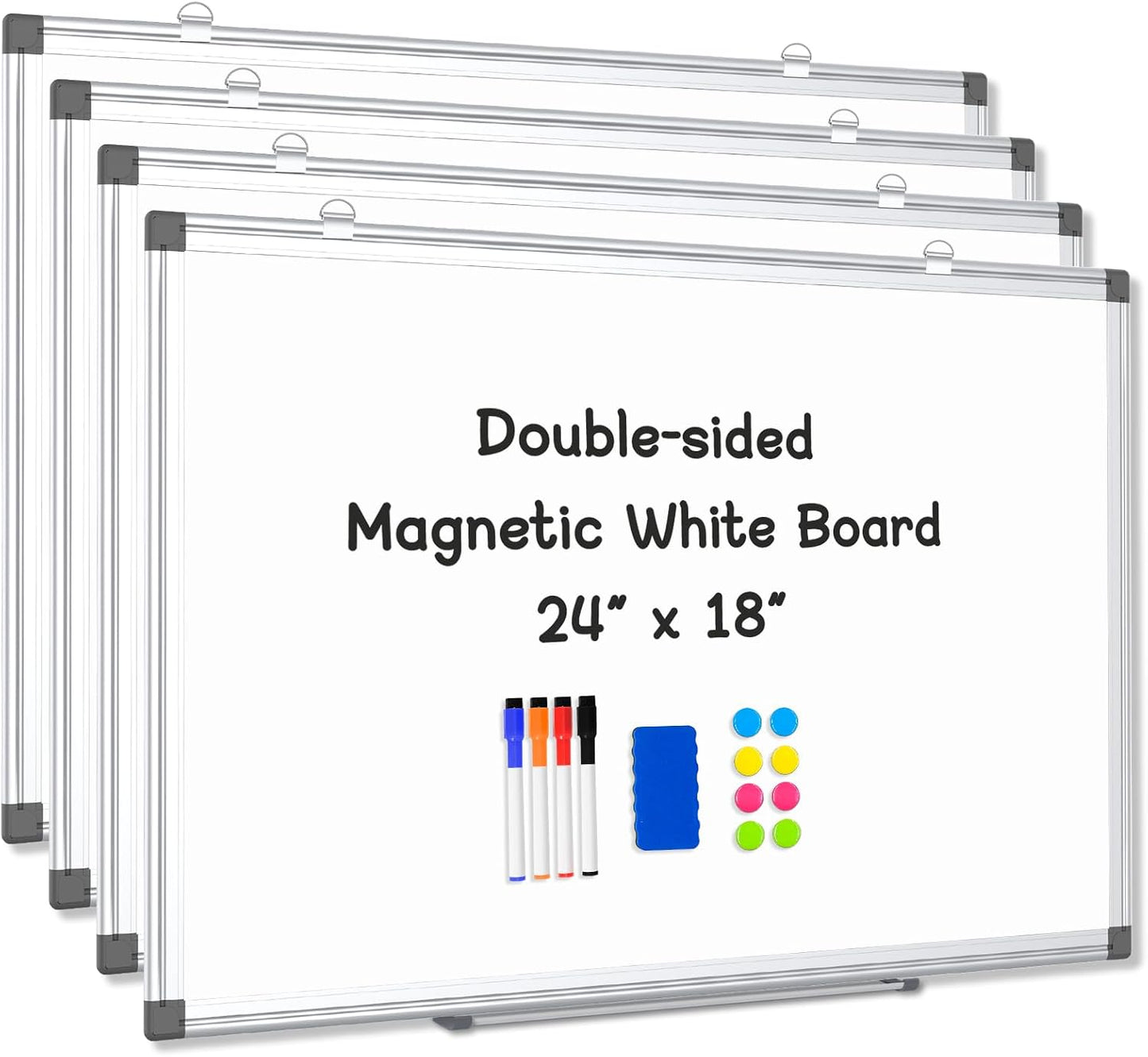 4 Pack Double-Sided Magnetic Aluminum Frame Whiteboard, 24" x 18" | White Board for Wall, Hanging Mounting White Board Dry Erase Board Marker Board for Kitchen, Memo, School, Home, Office