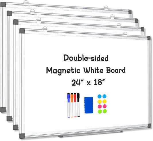 4 Pack Double-Sided Magnetic Aluminum Frame Whiteboard, 24" x 18" | White Board for Wall, Hanging Mounting White Board Dry Erase Board Marker Board for Kitchen, Memo, School, Home, Office