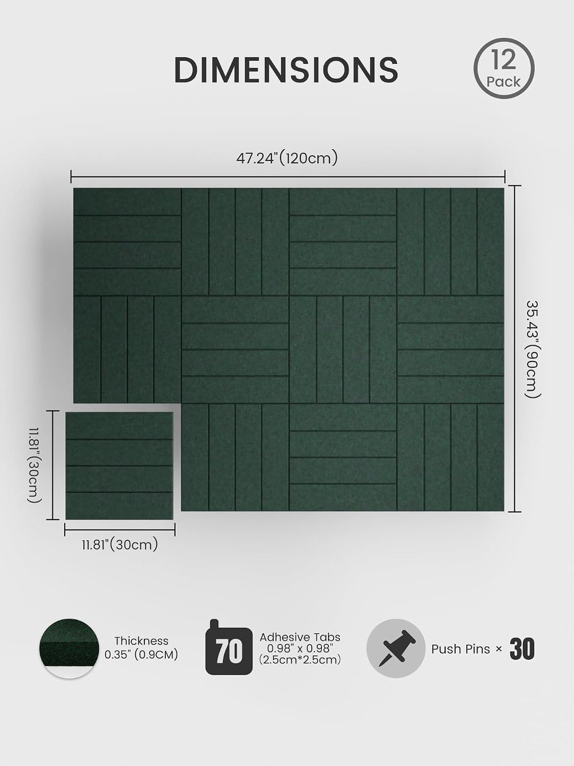Large Felt Bulletin Board 48" x 36" Cork Board Alternative-12 Pack with 70 Safe Removable Adhesive Tabs, Cork Boards for Walls Cork Board for Home Office Classroom Pin Board (Aurora Green)