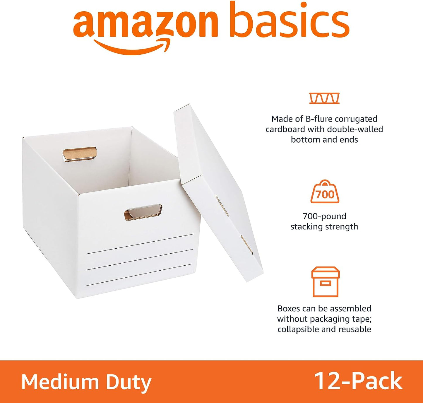 Basics Medium Duty Storage Filing Box with Lift-Off Lid - Pack of 12, Letter / Legal Size