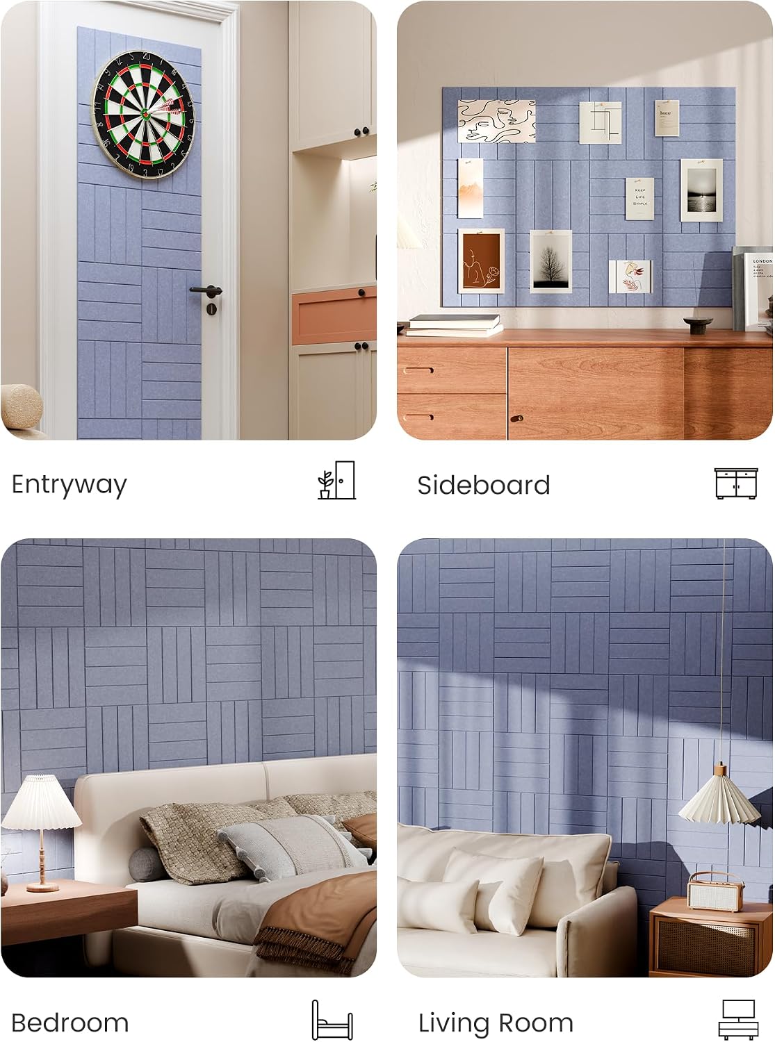 Large Felt Bulletin Board, Cork Board Alternative, Felt Wall Tiles with 30 Push Pins and 70 Adhesive Tabs, Ideal for Office, Home & Classroom,12-Pack Bold Stripe,Soft Periwinkle