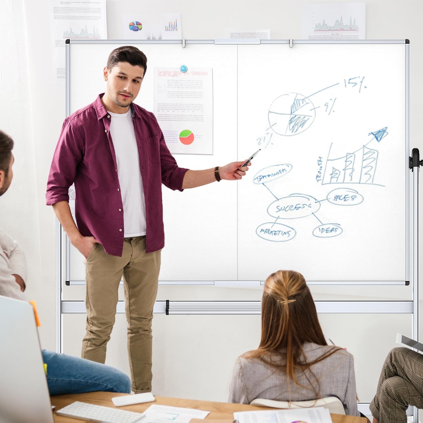 Double-Sided Mobile Whiteboard, 96 x 48 Inches, Magnetic Rolling Dry Erase White Board on Wheels with Aluminium Frame and Stand