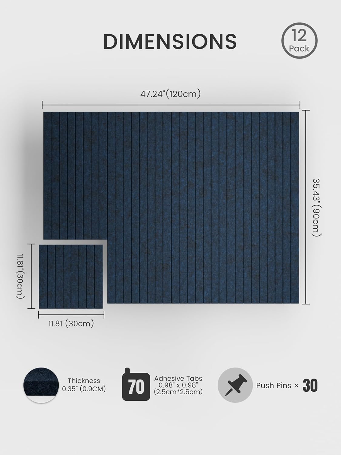 Large Felt Bulletin Board, 48" x 36" Cork Board Alternative, 12-Pack Fine Stripe Felt Wall Tiles with 30 Push Pins and 70 Adhesive Tabs, Ideal for Office, Home & Classroom, Carbon Blue