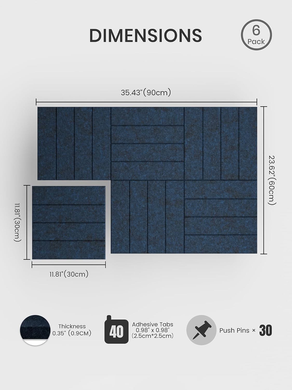 Large Felt Bulletin Board, 36" x 24" Cork Board Alternative, 6-Pack Bold Stripe Felt Wall Tiles with 30 Push Pins and 40 Adhesive Tabs, Ideal for Office, Home & Classroom, Carbon Blue