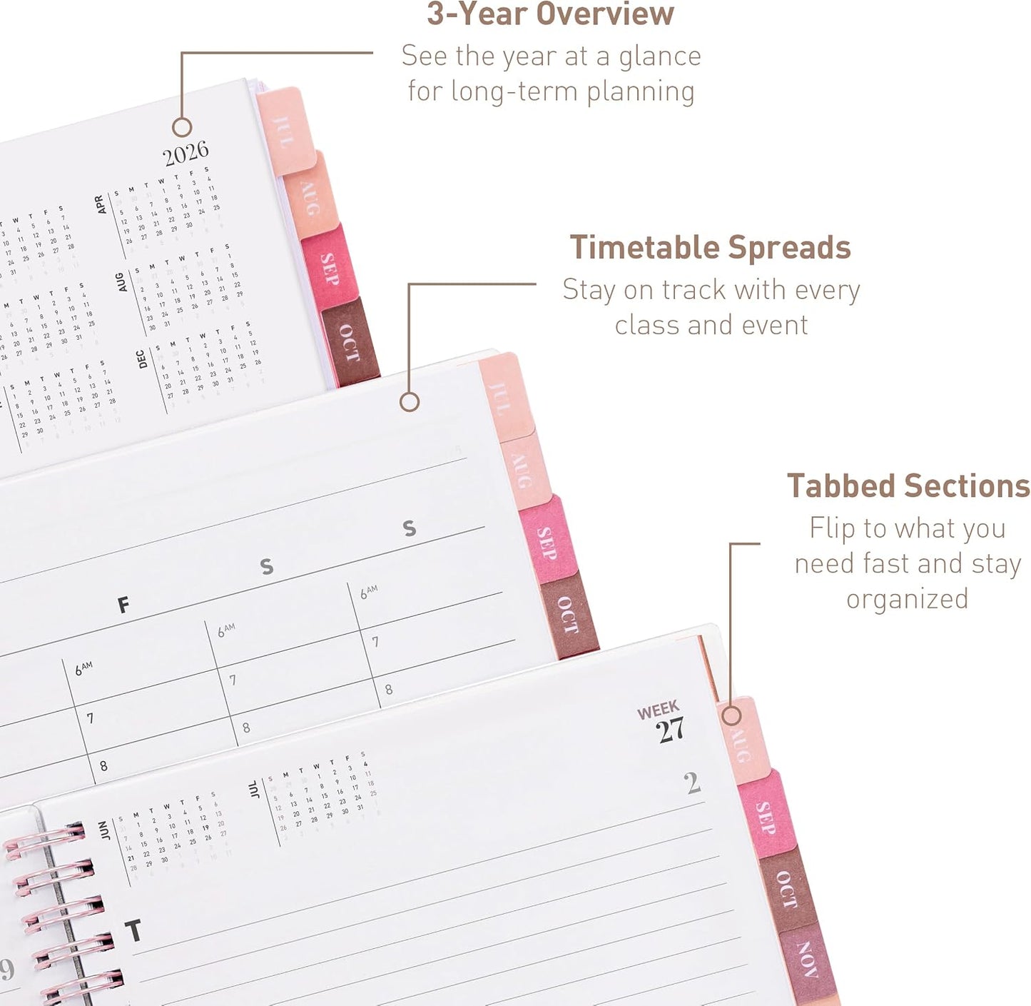 Rileys Academic Planner 2026-2027, Daily, Weekly & Monthly Planner, July 2026 - June 2027, Student Notes Pages, Twin-Wire Binding Weekly Agenda for School & Work (20 x 15 cm, Pink)