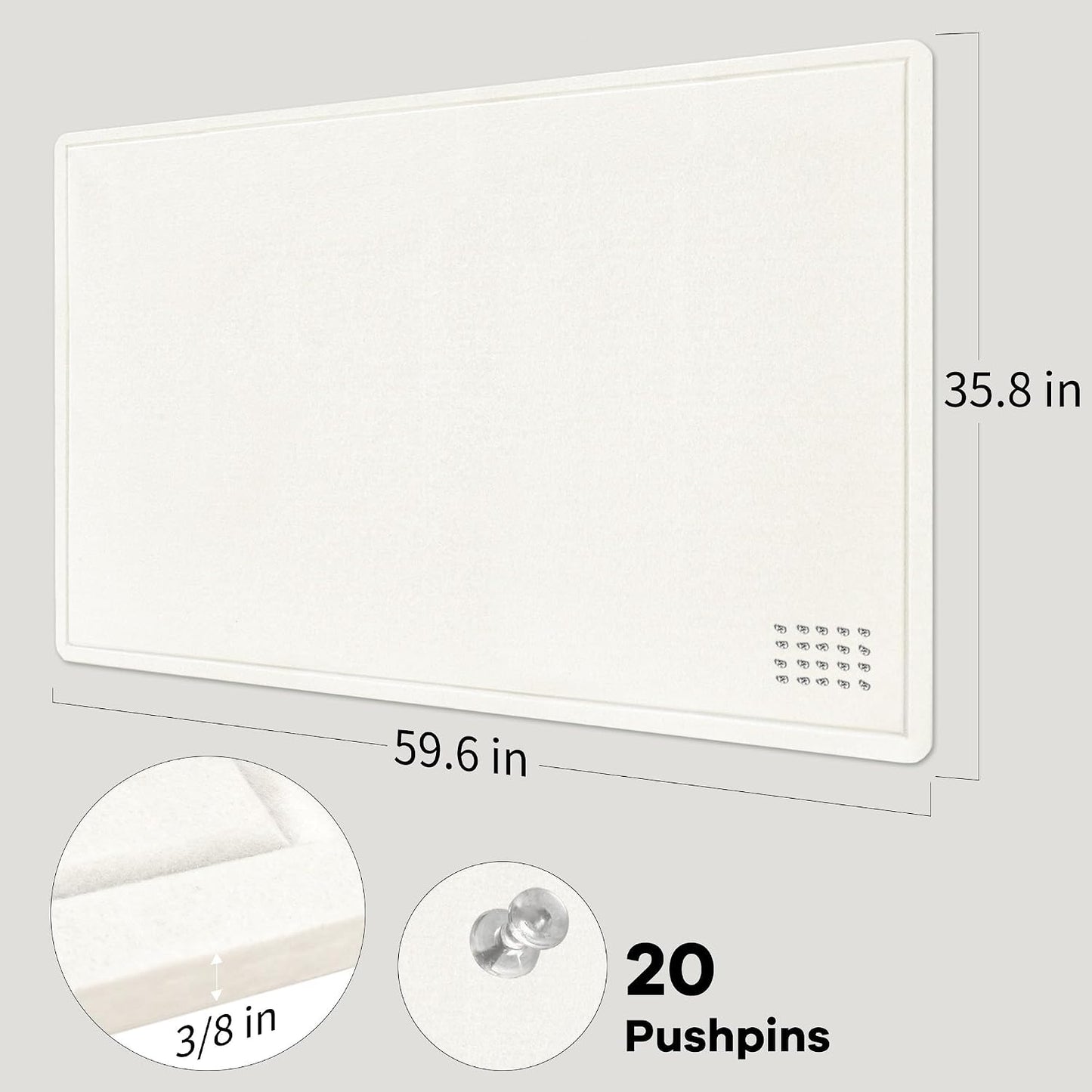 Large Bulletin Board - 60 x 36 Inches, Decorative Felt Pin Board for Wall - 5' x 3' Foldable Photo Display Board with Self-Adhesive Tape, Includes 20 Push Pins - White
