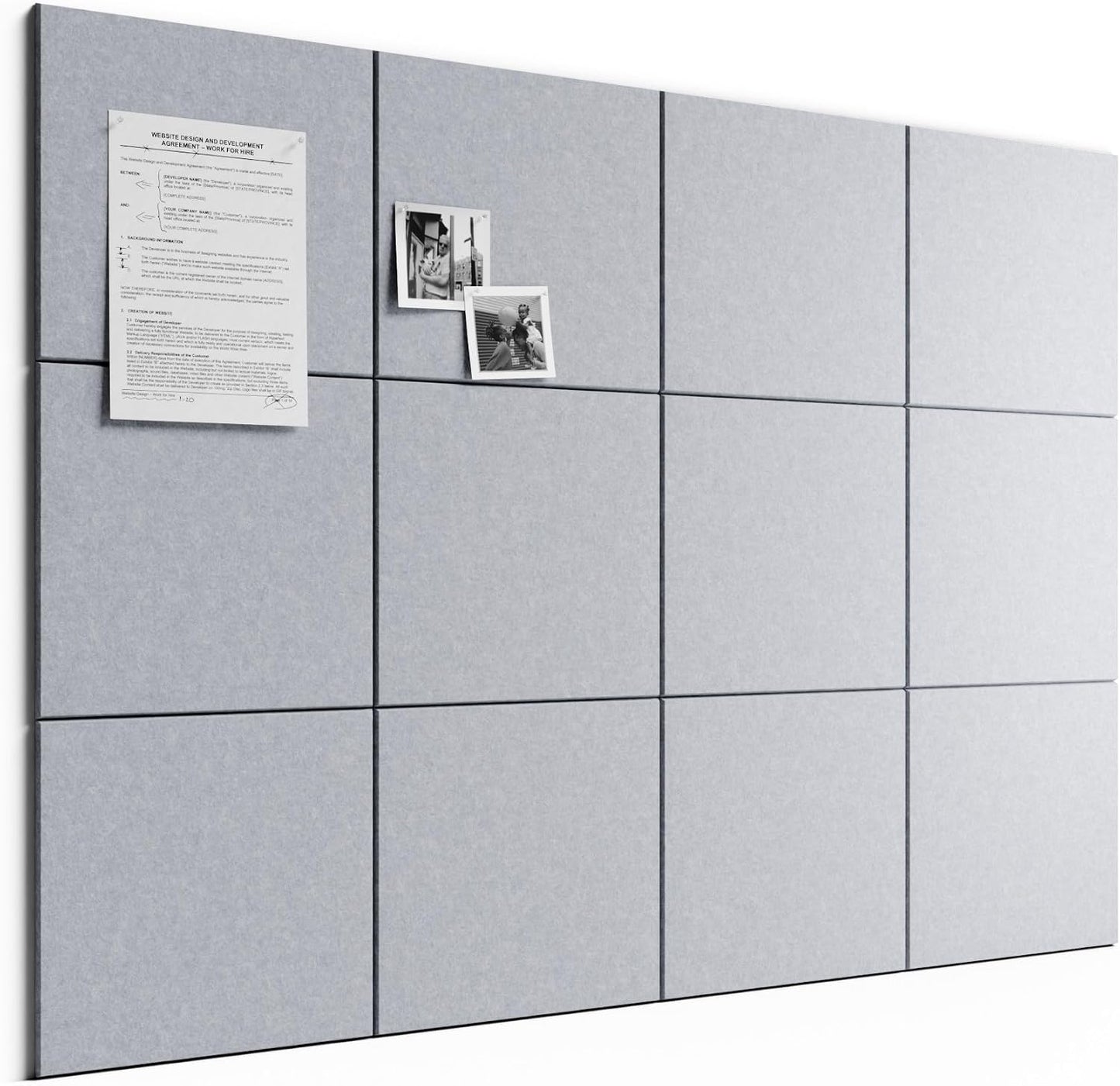 Large Felt Bulletin Board, 48" x 36" Cork Board Alternative, 12-Pack Solid Felt Wall Tiles with 30 Push Pins and 70 Adhesive Tabs, Ideal for Office, Home & Classroom, Soft Gray