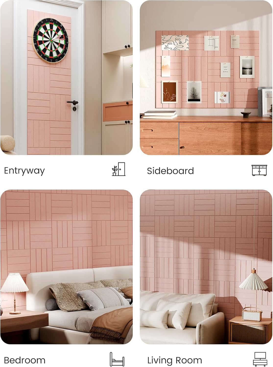 Large Felt Bulletin Board, Cork Board Alternative, 12-Pack Bold Stripe Felt Wall Tiles with 30 Push Pins and 70 Adhesive Tabs, Ideal for Office, Home & Classroom, Pink