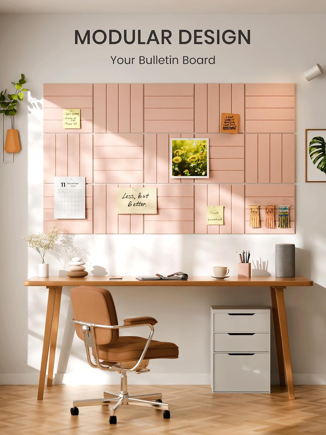 Large Felt Bulletin Board, Cork Board Alternative, Felt Wall Tiles with 30 Push Pins and Adhesive Tabs, Ideal for Office, Home & Classroom Decor, 6-Pack Bold Stripe-Pink