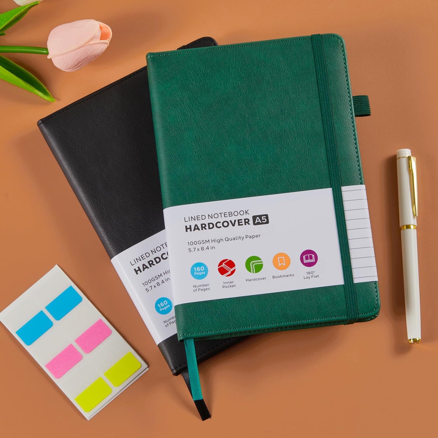 2 Pack Lined Journal Notebook, A5 (5.7"x8.4") Journaling Notebooks for Women Men Writing Work, Black Leather Hardcover, 160 Pages, 100GSM Paper, Daily Journal College Ruled, School Office Supplies