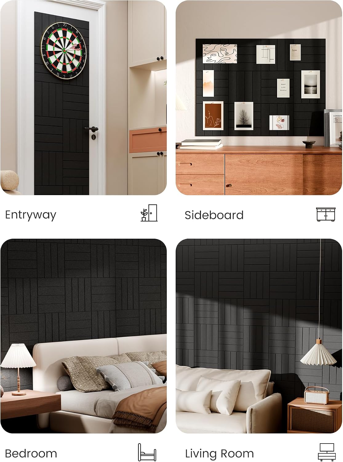Large Felt Bulletin Board, 48" x 36" Cork Board Alternative, 12-Pack Bold Stripe Felt Wall Tiles with 30 Push Pins and 70 Adhesive Tabs, Ideal for Office, Home & Classroom, Black