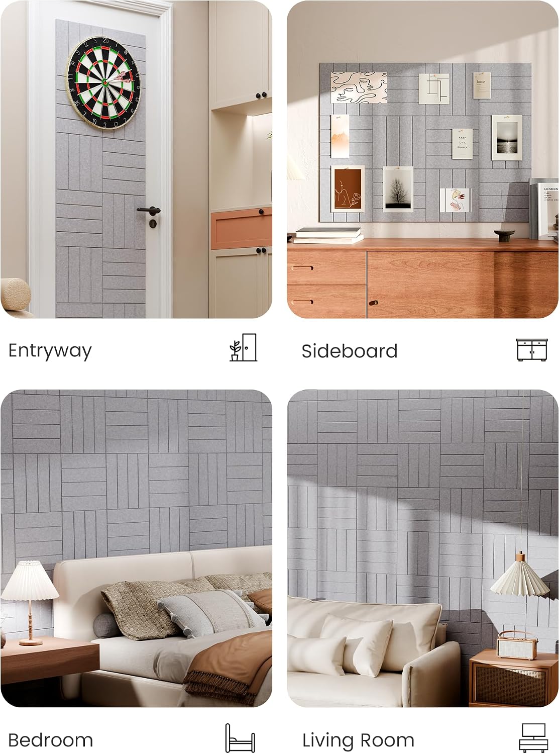 Large Felt Bulletin Board, 48" x 36" Cork Board Alternative, 12-Pack Bold Stripe Felt Wall Tiles with 30 Push Pins and 70 Adhesive Tabs, Ideal for Office, Home & Classroom, Soft Gray
