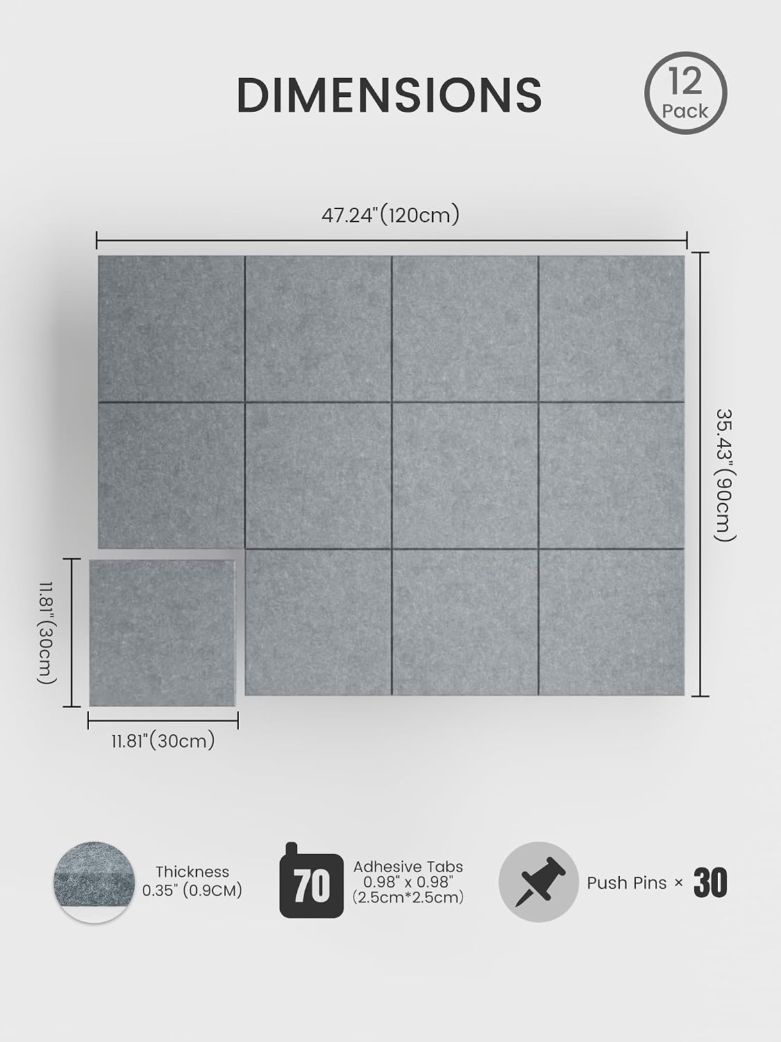 Large Felt Bulletin Board, 48" x 36" Cork Board Alternative, 12-Pack Solid Felt Wall Tiles with 30 Push Pins and 70 Adhesive Tabs, Ideal for Office, Home & Classroom, Blue Gray