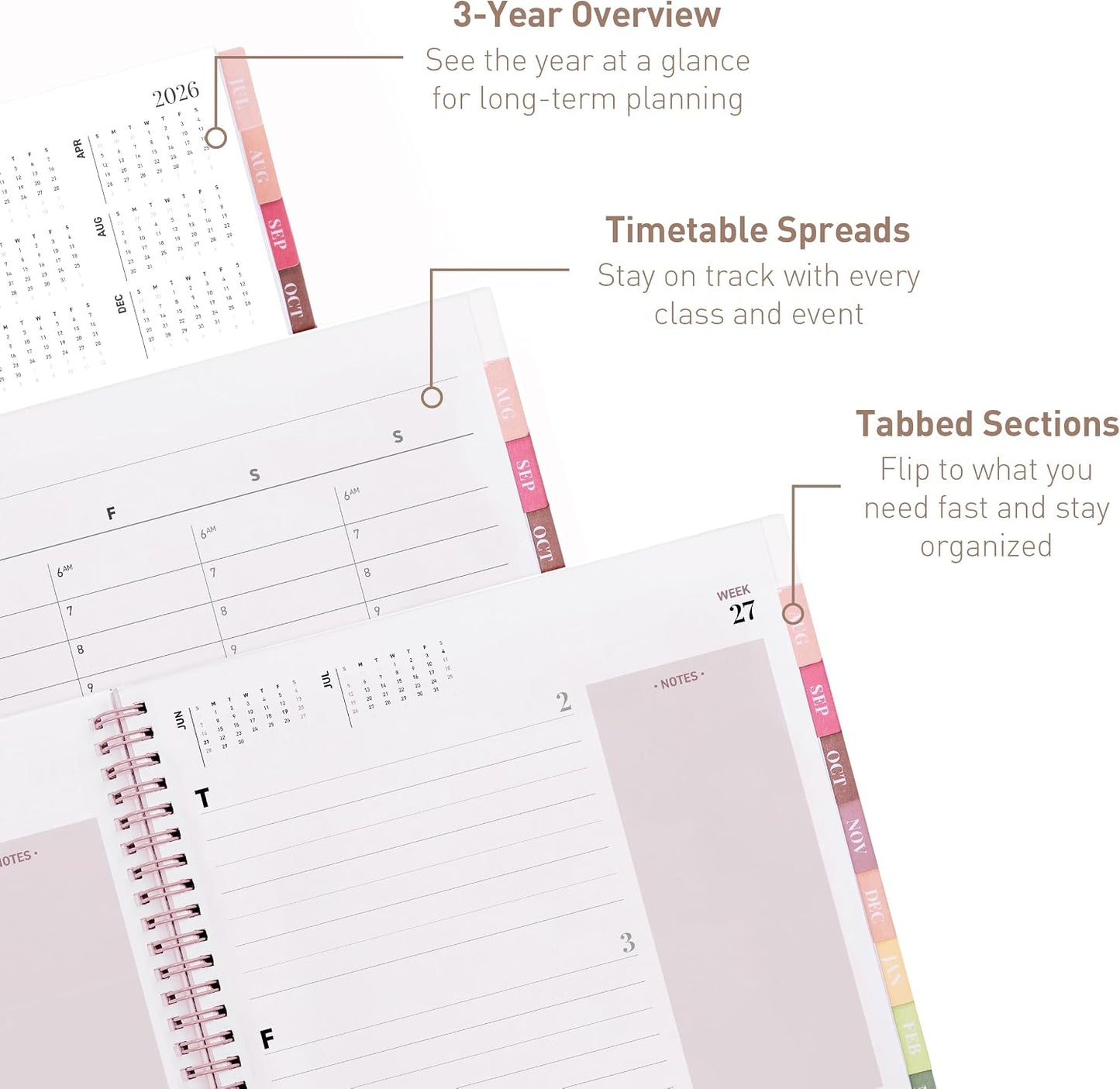 Rileys Academic Planner 2026-2027, Daily, Weekly & Monthly Planner, July 2026 - June 2027, Student Notes Pages, Twin-Wire Binding Weekly Agenda for School & Work (21.6 x 28 cm, Pink)
