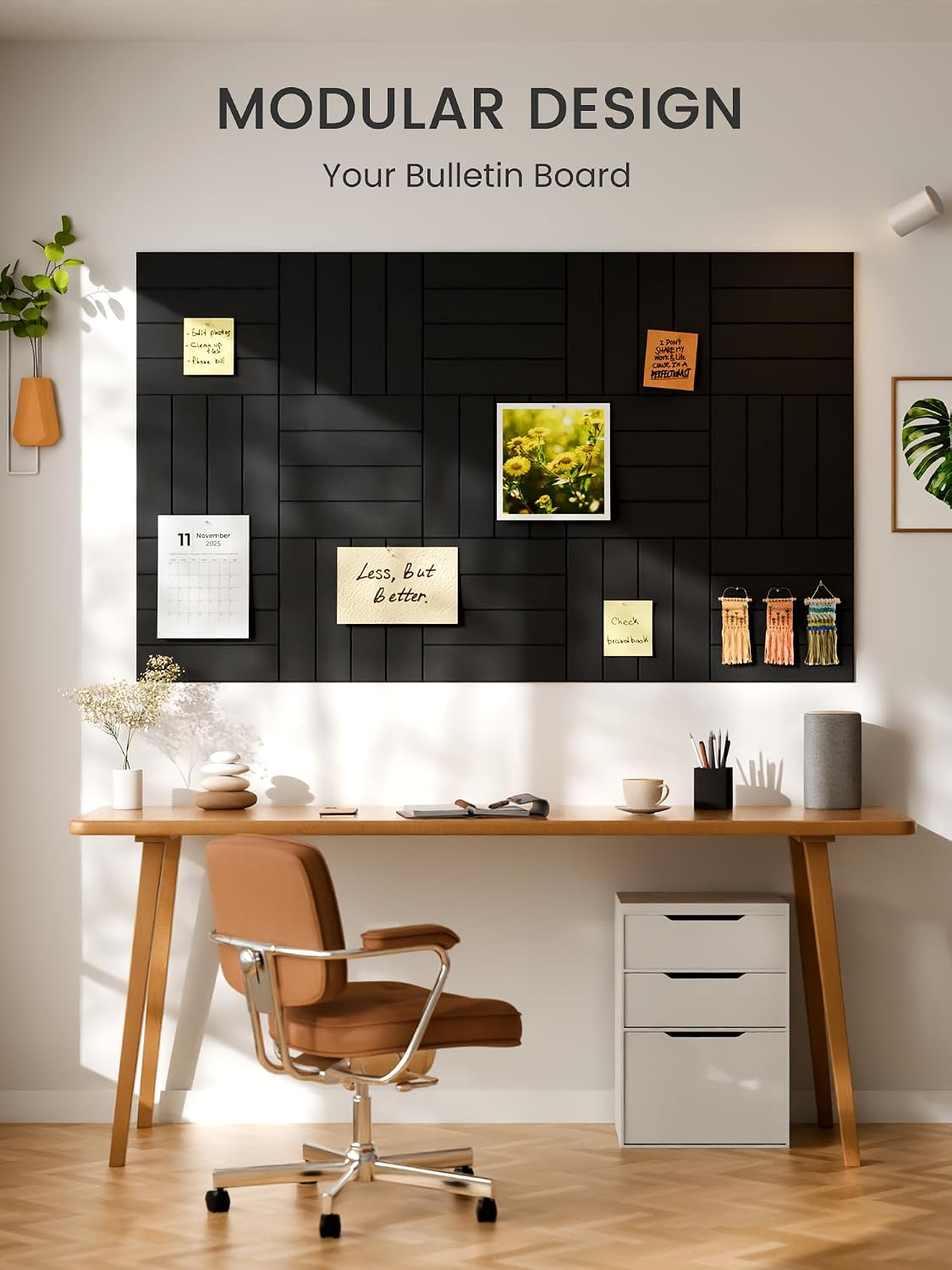 Large Felt Bulletin Board, 36" x 24" Cork Board Alternative, 6-Pack Bold Stripe Felt Wall Tiles with 30 Push Pins and 40 Adhesive Tabs, Ideal for Office, Home & Classroom, Black