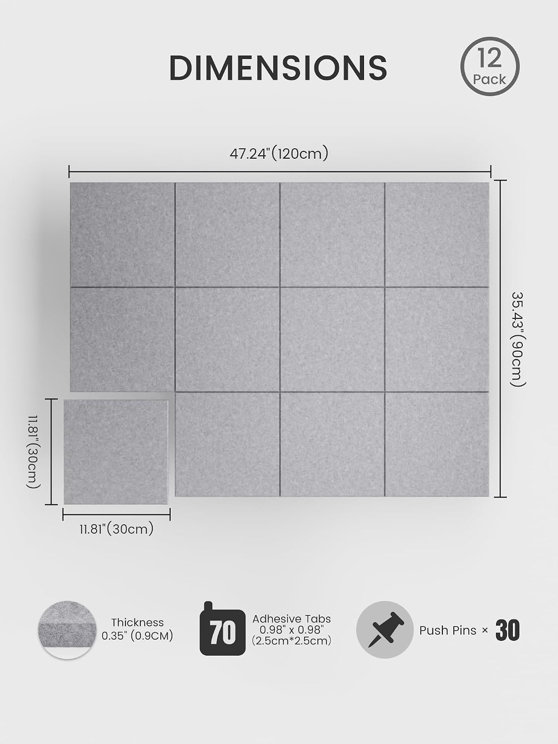 Large Felt Bulletin Board, 48" x 36" Cork Board Alternative, 12-Pack Solid Felt Wall Tiles with 30 Push Pins and 70 Adhesive Tabs, Ideal for Office, Home & Classroom, Soft Gray