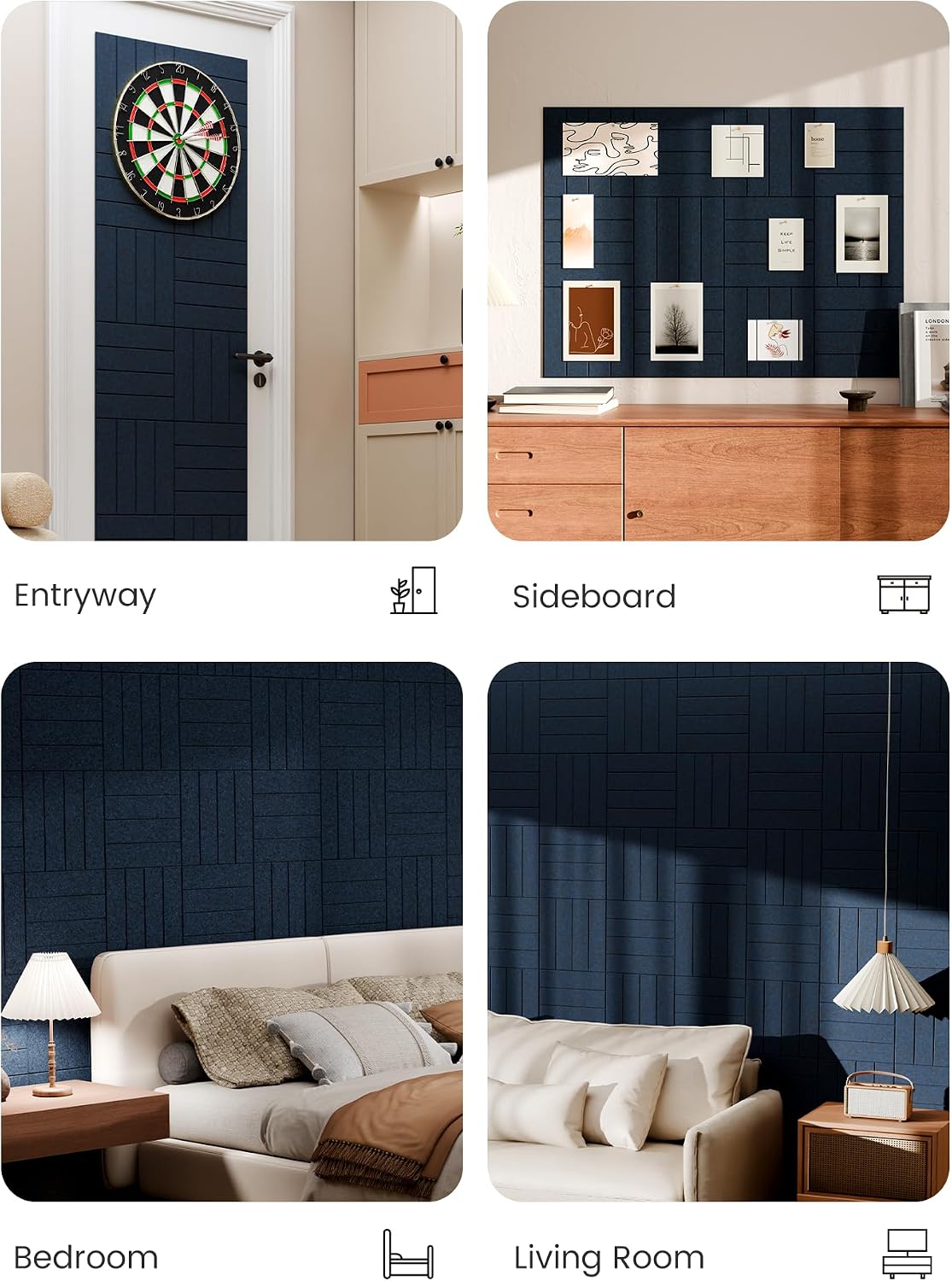 Large Felt Bulletin Board, 48" x 36" Cork Board Alternative, 12-Pack Bold Stripe Felt Wall Tiles with 30 Push Pins and 70 Adhesive Tabs, Ideal for Office, Home & Classroom, Carbon Blue