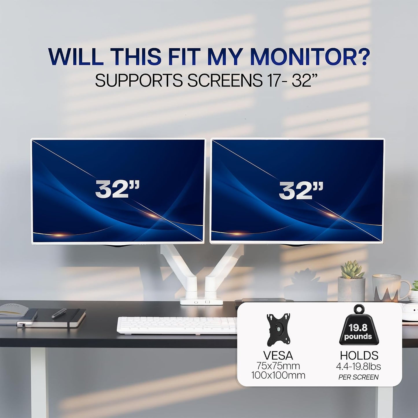 Dual Monitor Stand, Fully Adjustable Arms for 17 to 32 inch Screens, Mechanical Articulating Desk Mount, Gaming and Office Setups, VESA 75x75, 100x100, Max 19.8 lbs, Classic, White, STAND-V002OW