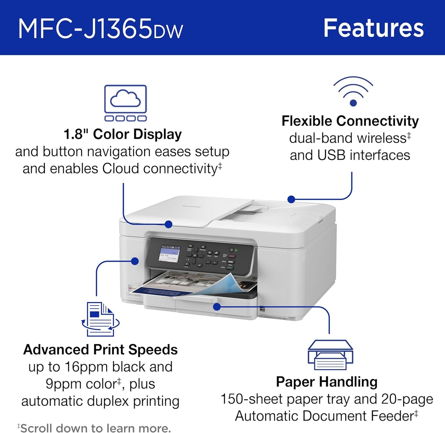INKvestment 1365 Wireless Color Inkjet All-in-One Printer with Automatic Duplex Printing and 1.8” Color Display | Includes Refresh Subscription Trial(1) (MFC-J1365DW) | Wireless Inkvestment Aio, Auto Duplex, 1.8 Color Display, 150-Sheet Tray, 20-Page Adf,
