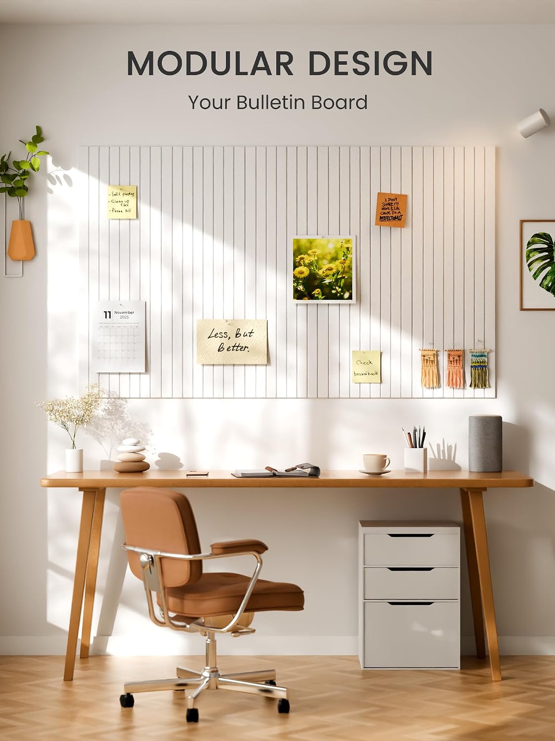 Large Cork Board Alternative - Slat Wall Paneling, Felt Bulletin Board Tiles for Office Decor, Push pin Board Office Wall Organizer -8 Vertical Stripes-6-Pack-Milky White