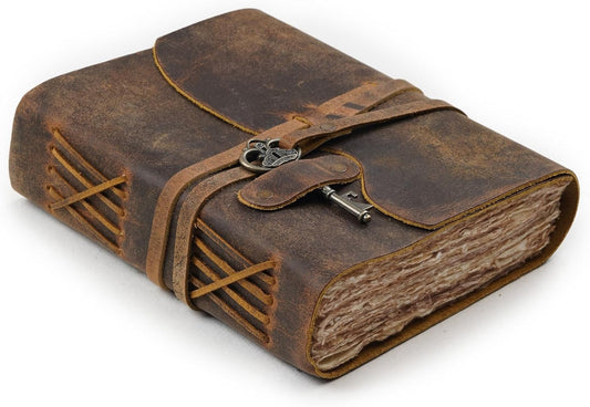 Vintage Leather Journal – 200 Handmade Vintage Watercolor Deckle Edge Paper – Leather bound Journal For Women Men – Key Lock Closure - Book of Shadows - Cappuccino Brown - 13X8 inches