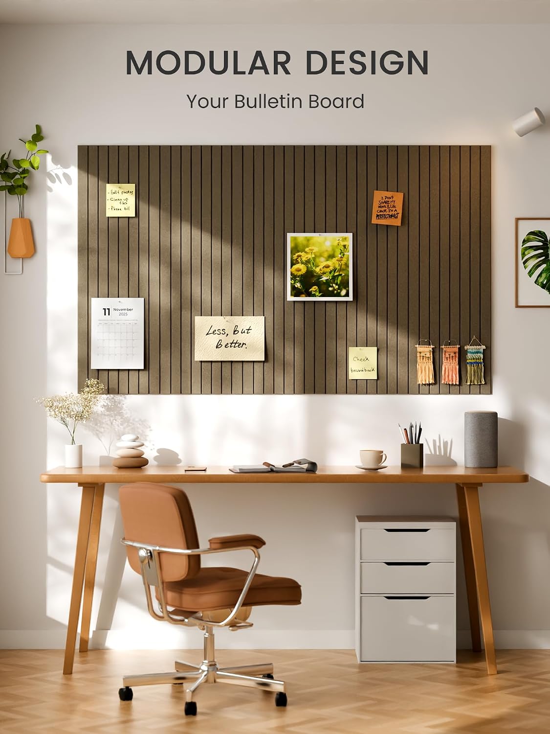 Large Felt Bulletin Board, 36" x 24" Cork Board Alternative, 6-Pack Fine Stripe Felt Wall Tiles with 30 Push Pins and 40 Adhesive Tabs, Ideal for Office, Home & Classroom, Earth Brown