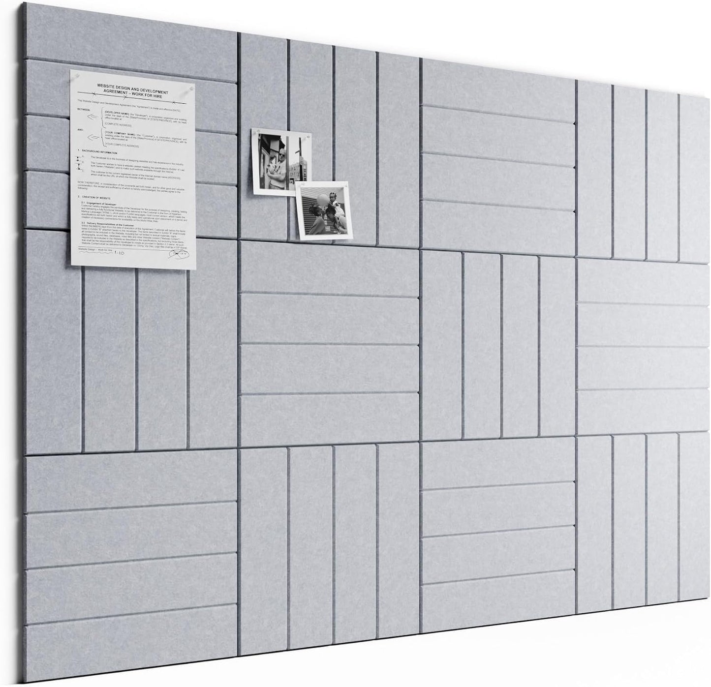 Large Felt Bulletin Board, 48" x 36" Cork Board Alternative, 12-Pack Bold Stripe Felt Wall Tiles with 30 Push Pins and 70 Adhesive Tabs, Ideal for Office, Home & Classroom, Soft Gray