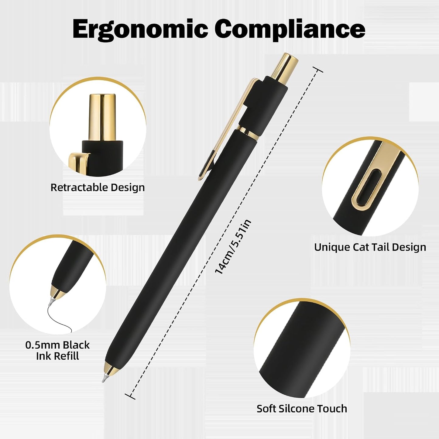 Gel Pens 6 Pcs, 0.5mm Quick Dry Black Ink Pens Fine Point Smooth Writing Pens, Retractable Pens for Journaling Note Taking,Stylo Gel Gift for Women (Pure Black-6PC)