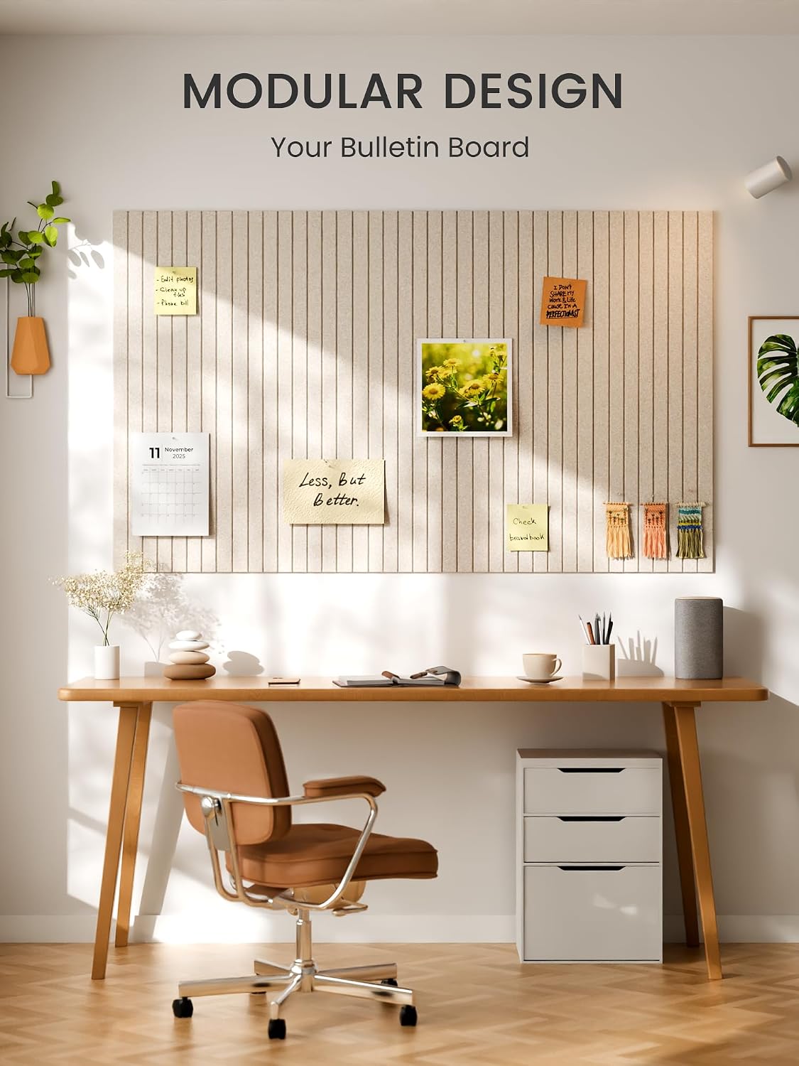 Large Cork Board Alternative - Slat Wall Paneling, Felt Bulletin Board Tiles for Office Decor, Push pin Board Office Wall Organizer -8 Vertical Stripes-12-Pack-Oatmeal