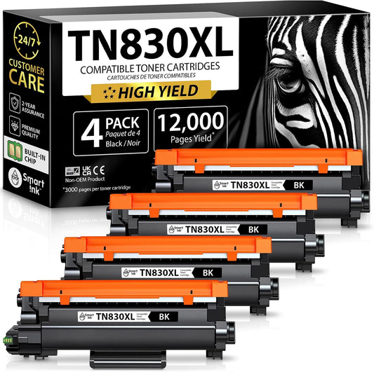 Compatible TN830XL Toner Cartridge Replacement for Brother TN830XL TN830BK TN830 XL with CHIP (4 Pack) to use with DCP-L2640DW HL-L2460DW MFC-L2820DW HL-L2400D HL-L2405W HL-L2865DW Printers
