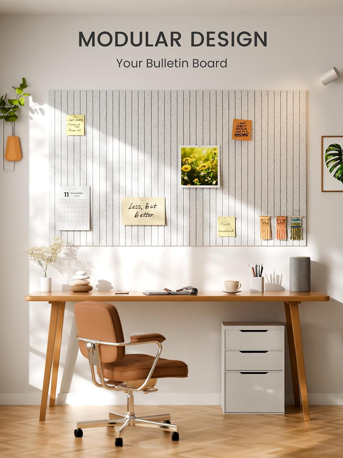 Large Felt Bulletin Board, 36" x 24" Cork Board Alternative, 6-Pack Fine Stripe Felt Wall Tiles with 30 Push Pins and 40 Adhesive Tabs, Ideal for Office, Home & Classroom, Light Gray