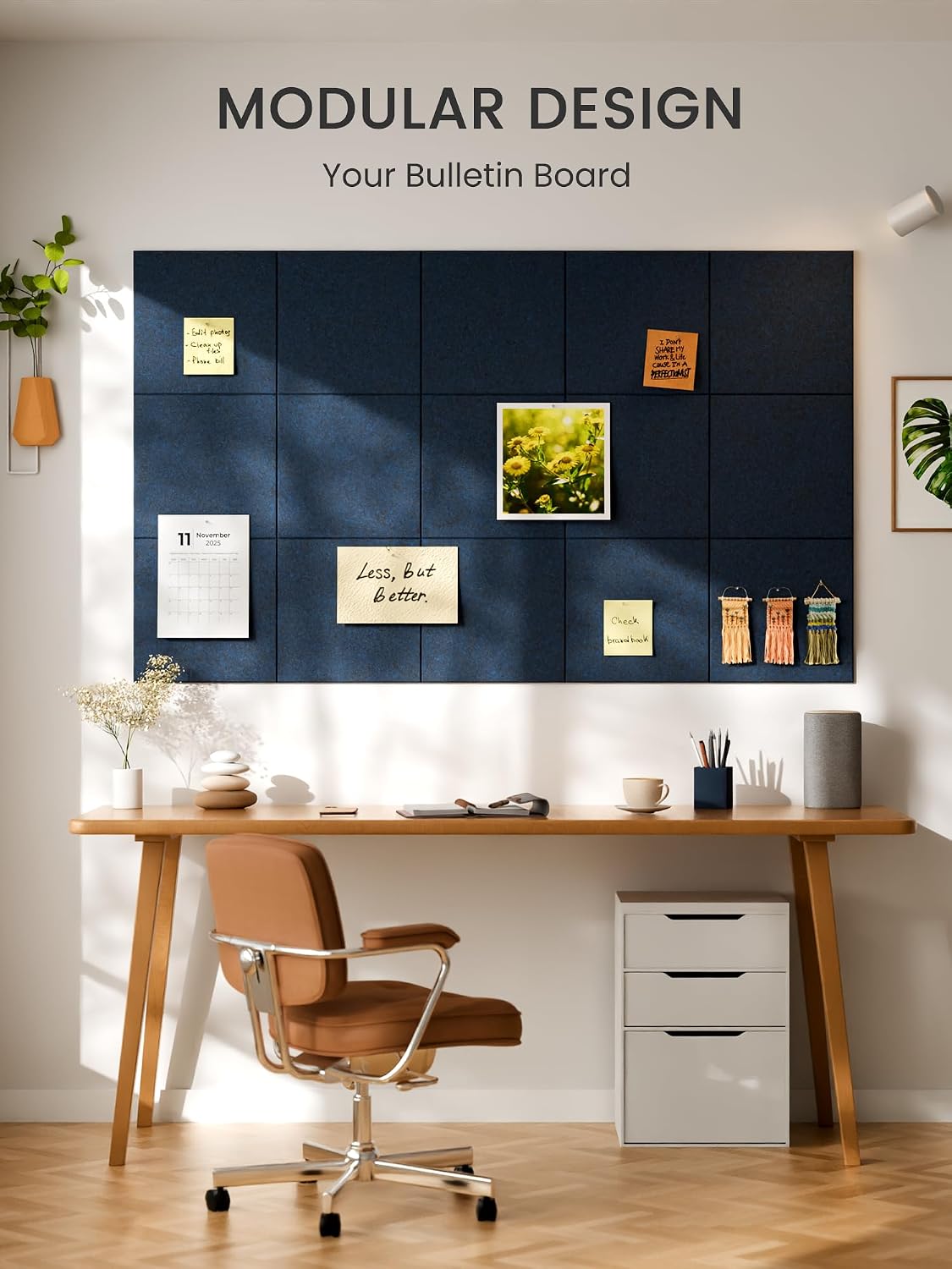 Large Felt Bulletin Board, 48" x 36" Cork Board Alternative, 12-Pack Solid Felt Wall Tiles with 30 Push Pins and 70 Adhesive Tabs, Ideal for Office, Home & Classroom, Carbon Blue