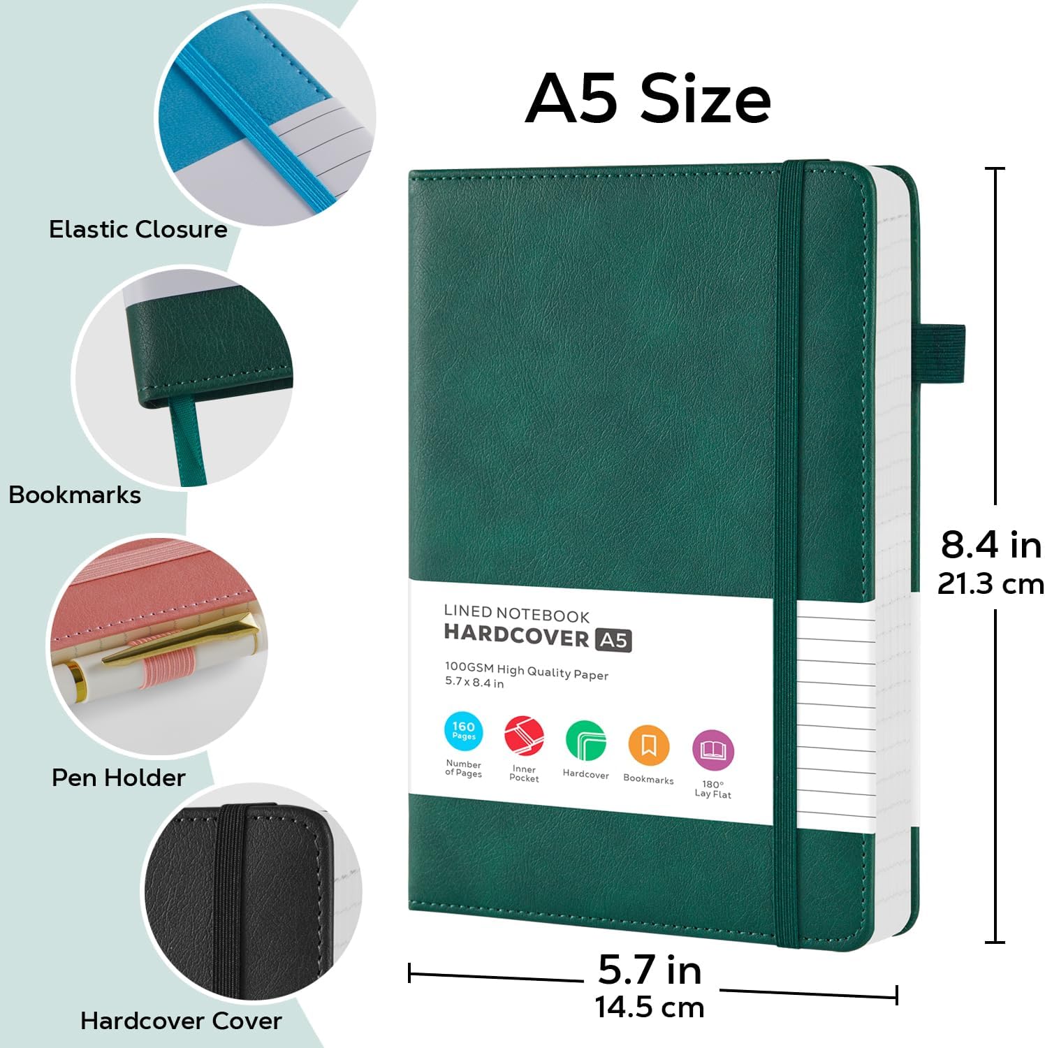 Notebook Journal for Work, 2 Pack Leather Journals for Women/Men, Hardcover Notebook for School Office Supplies, Travel Notepad with 100GSM Lined Paper, Inner Pocket, A5 (5.7"x8.4"), Green