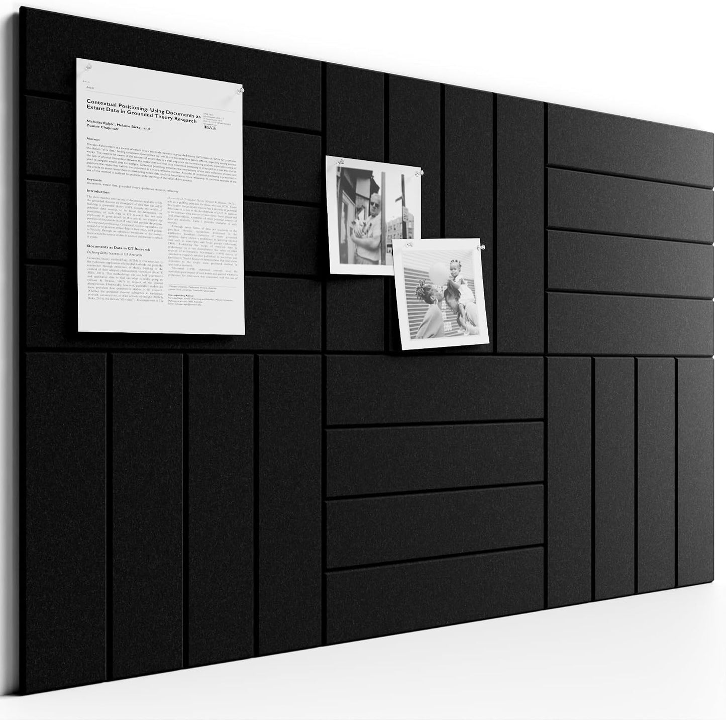 Large Felt Bulletin Board, 36" x 24" Cork Board Alternative, 6-Pack Bold Stripe Felt Wall Tiles with 30 Push Pins and 40 Adhesive Tabs, Ideal for Office, Home & Classroom, Black
