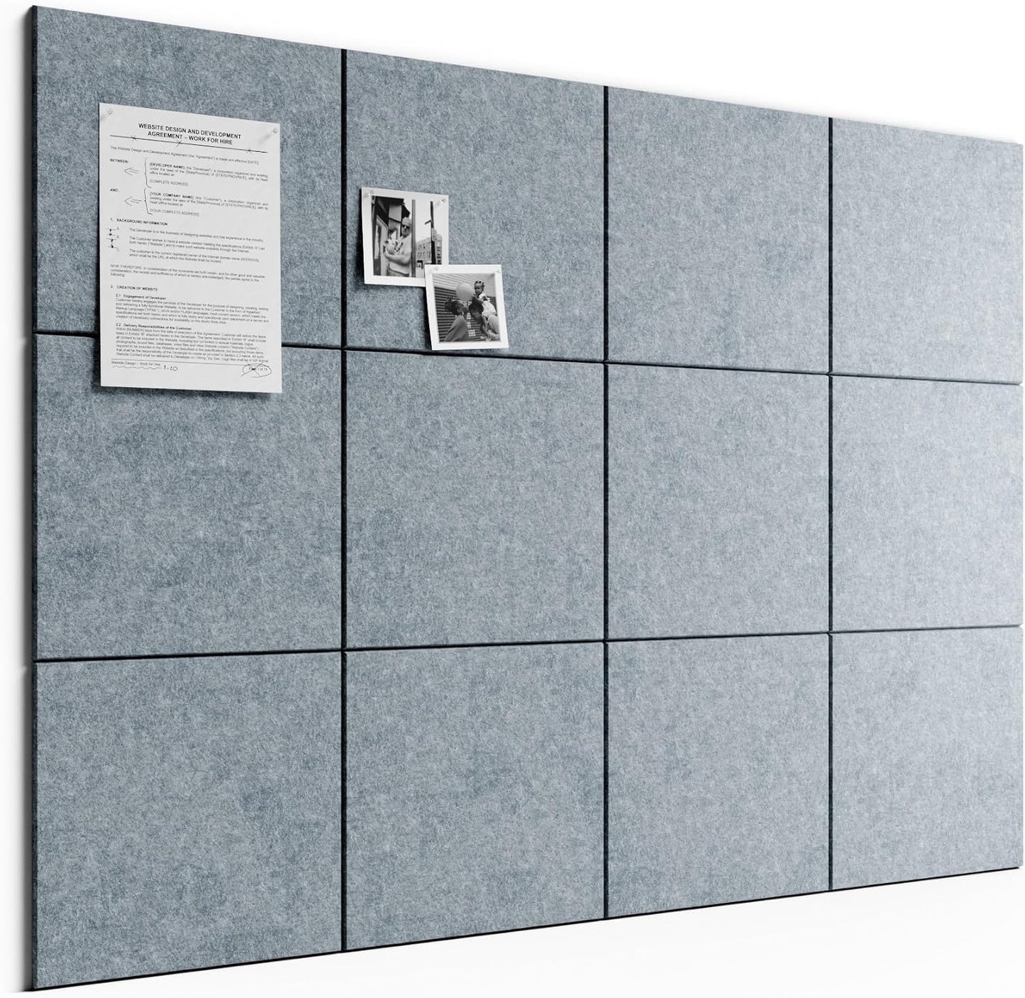 Large Felt Bulletin Board, 48" x 36" Cork Board Alternative, 12-Pack Solid Felt Wall Tiles with 30 Push Pins and 70 Adhesive Tabs, Ideal for Office, Home & Classroom, Blue Gray